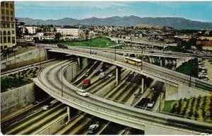Mid-century postcard view of the Harbor Freeway in Los Angeles, California