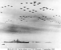 Huge formation of American planes over USS Missouri and Tokyo Bay celebrating the signing, September 2, 1945