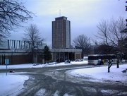 The Glenn G. Bartle Library Tower is home to offices as well as the Library.  The antenna atop the building transmits WHRW (http://www.whrwfm.org), the campus' FM radio station, to an approximate 30-mile radius.