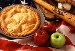 Apple pie shown alongside  cultural icons.