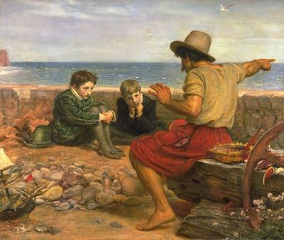 The Boyhood of Raleigh by , oil on canvas, 1870.A seafarer tells the young  and his brother the story of what happened out there at sea.  Young Raleigh's toy boat is in the lower left.