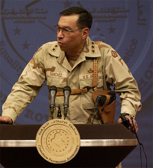 Lt. Gen. Ricardo Sanchez answers a question during a press conference in Baghdad, Iraq