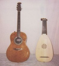 Guitar and lute posed side-by-side