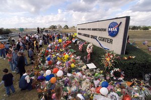 A makeshift memorial at the main entrance to Johnson Space Center