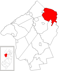 Tewksbury Township highlighted in Hunterdon County. Inset map: Hunterdon County highlighted in the State of New Jersey.