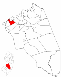 Delran Township highlighted in Burlington County. Inset map: Burlington County highlighted in the State of New Jersey.