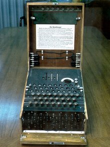 Figure 1. A three-rotor German military Enigma machine showing, from bottom to top, the plugboard, the keyboard, the lamps and the finger-wheels of the rotors emerging from the inner lid (version with labels).