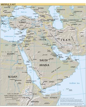 A map showing Southwest Asia - The term "Middle East" is more often used to refer to both Southwest Asia and some North African countries