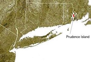 Prudence Island, shown in red, in the inner part of Narragansett Bay