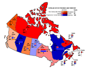 Map of the Popular Vote with bar graphs showing seat totals in the provinces and territories