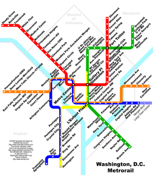 A schematic of the . The schematic is not drawn to scale; distances between stations are normalized and lines are drawn at 45 and 90-degree angles.