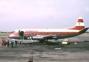 Vickers Viscount Model 701 of Cambrian Airways at Bristol Airport, England, 1963.