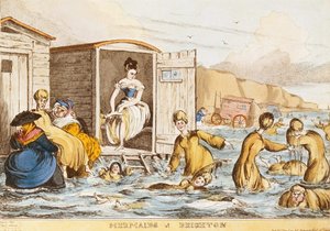 Mermaids at Brighton swim behind their bathing machines in this engraving by , c. .