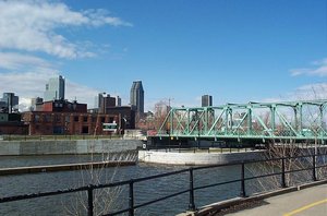 A bridge over the Lachine Canal, in sight of downtown Montreal