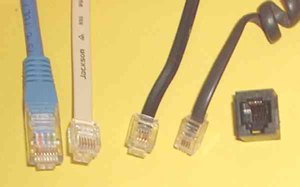 Left to right: RJ-45 plug, six-pin plug, four-pin plug the same size, four-pin handset plug, six-pin jack.