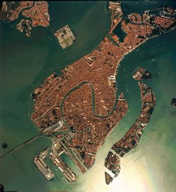 Aerial view of Venice, showing the winding Grand Canal in the middle