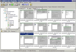 The ThumbsPlus image file manager showing folder tree in the upper left and 12 thumbnail-size images to the right.