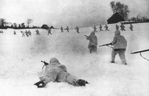 Soviet troops in winter camouflage advancing during the , December 1941