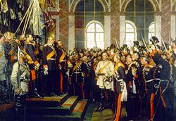 Foundation of modern Germany, Versailles, 1871. Bismarck is in white in the middle.