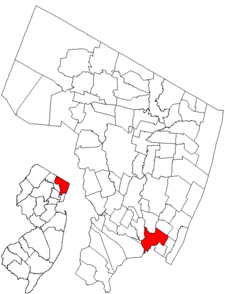 Map highlighting Ridgefield's location within Bergen County. Inset: Bergen County's location within New Jersey.
