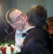 Michael Hendricks and Ren Leboeuf become the first same-sex couple to be legally married in Quebec
