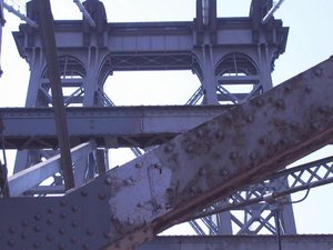 The Williamsburg Bridge, as viewed from its deck under the east tower