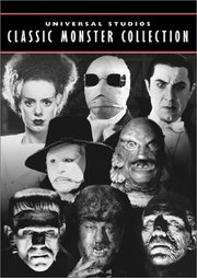 DVD cover showing characters made famous by Universal Studios.  from  (1935),  from  (1933),  from  (1931), Claude Rains from  (1943), "The Creature" from  (1954),  from  (1931),  from  (1941) and Boris Karloff from  (1932)