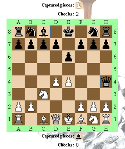 Three Checks Chess, a game in progress. Position after 4....Qh4.