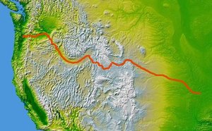 The route of the Oregon Trail is shown in red in the western United States