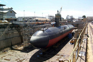 U.S. Navy submarine  in dry dock following collision with a fishing boat.