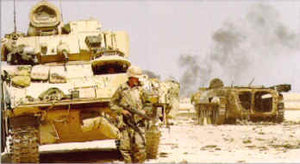 A US Army convoy crosses the Iraqi desert.