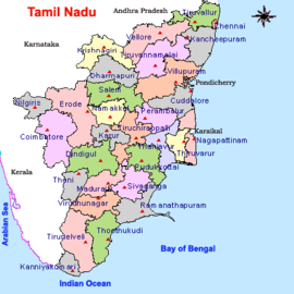  A map showing  State, Southern India, Viluppuram is in the north of the State, on the coast. 