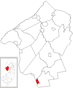 Lambertville highlighted in Hunterdon County. Inset map: Hunterdon County highlighted in the State of New Jersey.