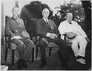 L-R: President Chiang Kai-shek of China, US President Roosevelt, and British Prime Minister Winston Churchill in Cairo, 11/25/1943