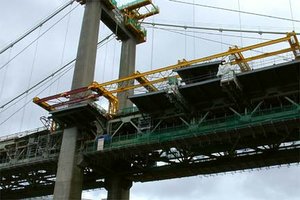 Close-up of the cantilever platforms being added to the Tamar Bridge during the strengthening and widening project, 1999