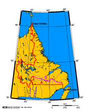 Line A: the boundary decided by the Privy Council; the current legal boundary. Line B: the boundary demanded by Newfoundland in the 1920s, and now claimed by Quebec today.