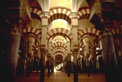 The interior of the Great Mosque in Cordoba, built on the site of a Visigoth Christian basilica was restored to a Christian cathedral. The mosque, known as the  in Spanish, was one of the finest examples of Arab-Islamic architecture pioneered by the  dynasty.