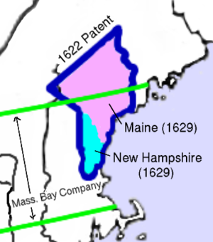 The 1622 grant of the Province of Maine is shown outlined in blue. The 1629 division into the Province of New Hampshire (south of the Piscataqua) and Province of Maine (north of the Piscataqua) is shown by shading. The boundaries of the Massachusetts Bay Company grant are shown in green.