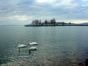 A view of the pier from the shore in Balatonfred