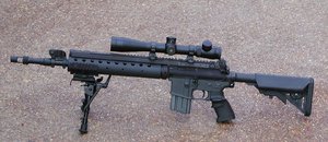 An SPR clone built by Mid-South Tactical Network (MSTN). This specific rifle features a clone of the Crane Stock (variants of which are made by companies like LMT - Lewis Machine and Tool, Vltor and others) and Harris Bipod Photo courtesy of MSTN.biz.