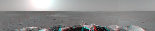 First 3-D panorama of landing site: the crater under the sun is "Sleepy Hollow" received on , 