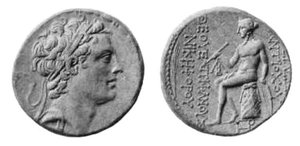 Coin of Antiochus IV. Reverse shows  seated on an . The Greek inscription reads ΑΝΤΙΟΧΟΥ ΘΕΟΥ ΕΠΙΦΑΝΟΥ ΝΙΚΗΦΟΡΟΥ (Antiochus, image of God, bearer of victory).