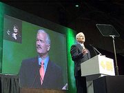 Jack Layton addresses the 2003 NDP convention in Toronto, where he was elected