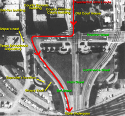 The route taken by the motorcade within Dealey Plaza. North is towards the almost direct-left