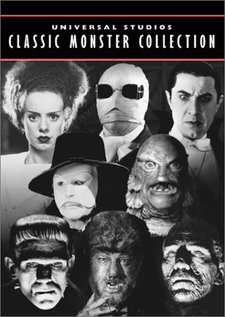 DVD cover showing horror characters as depicted by .  from  (1935),  from  (1933),  from  (1931), Claude Rains from  (1943), "The Creature" from  (1954),  from  (1931),  from  (1941) and Boris Karloff from  (1932)