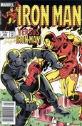 Jim Rhodes (right) battles Tony Stark (left). Cover to Iron Man #192. Art by Luke McDonnell.