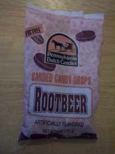 A bag of Root beer Sanded Candy Drops, made by Pennsylvania Dutch Candies