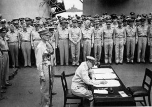 Japanese and American delegates, in the company of Allied commanders, watch the surrender ceremony unfold aboard Missouri on . The unconditional surrender of the Japanese to the  officially ended the .