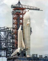 Enterprise visited pad 39-A in launch configuration 20 months before the first Shuttle launch.  Photo courtesy of .