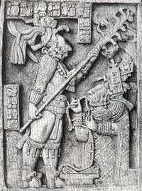 Lintel 24, structure 23, Yaxchilan (drawn by Charnay). The sculpture depicts a sacred blood-letting ritual which took place on , . King "Shield Jaguar" is shown holding a torch, while Queen "Lady Xoc" draws a rope through her pierced tongue.